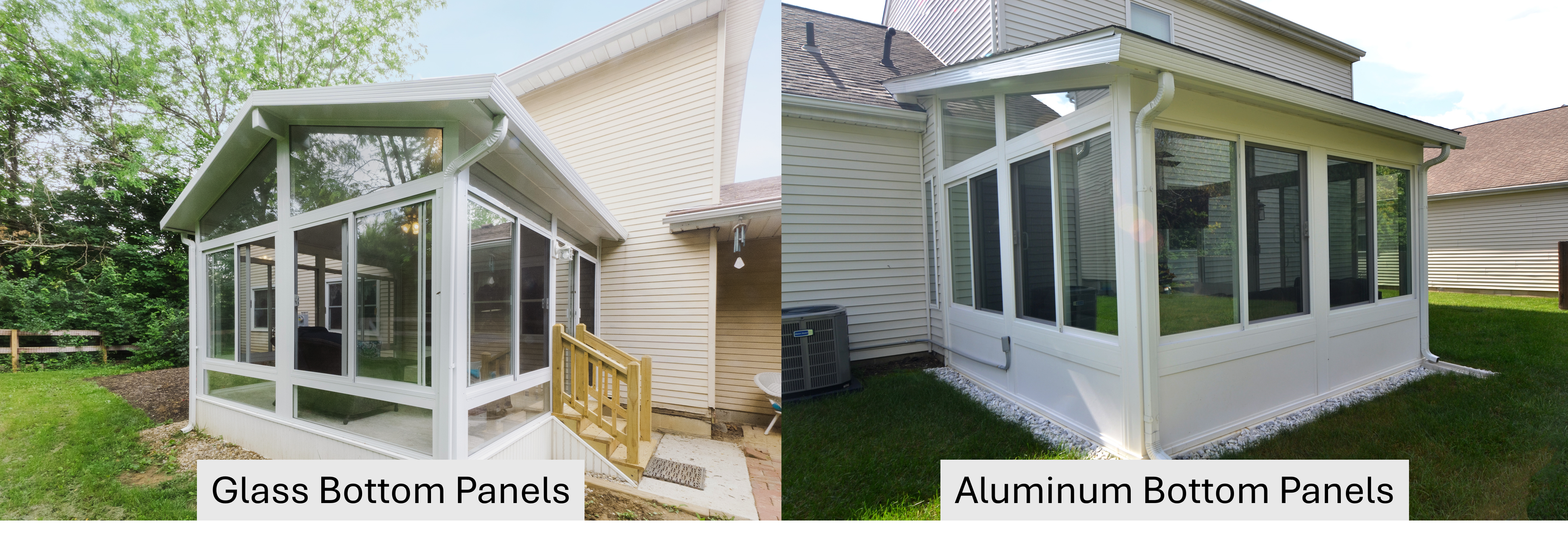 Two images showing glass bottom sunroom panels and solid bottom sunroom panels