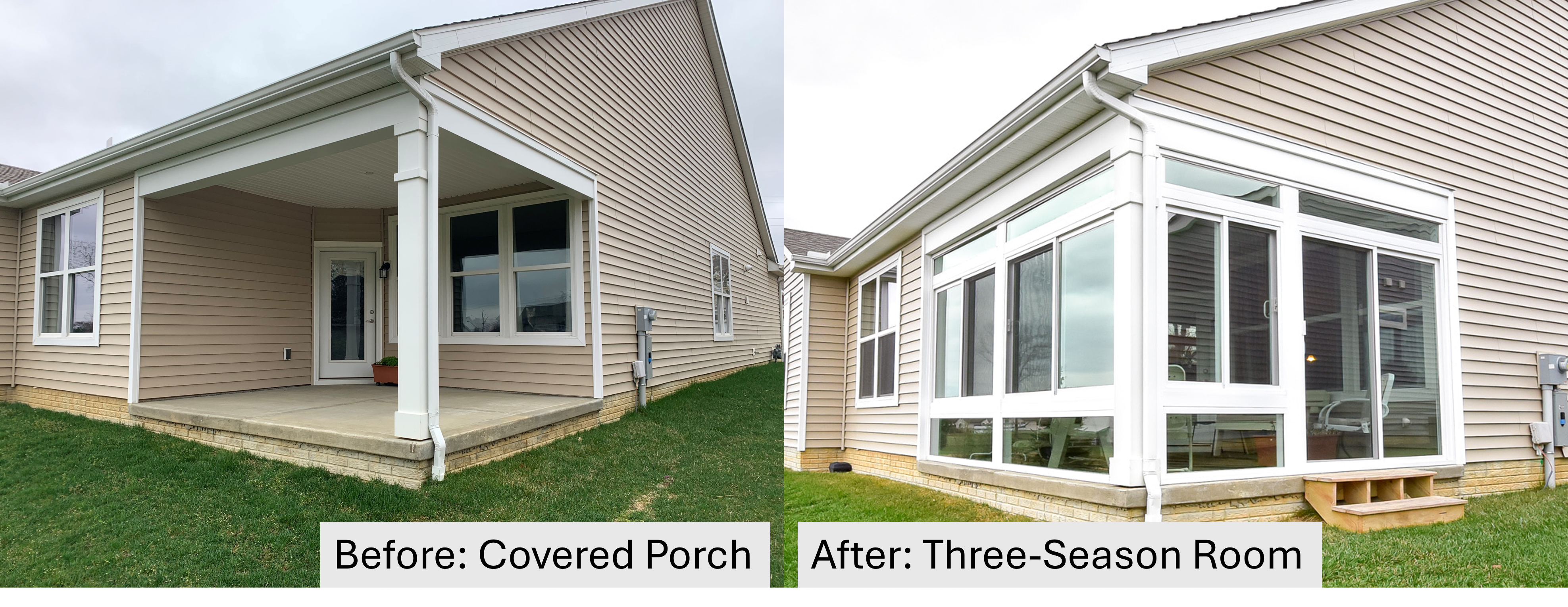 Before and after of a covered porch to a three-season sunroom